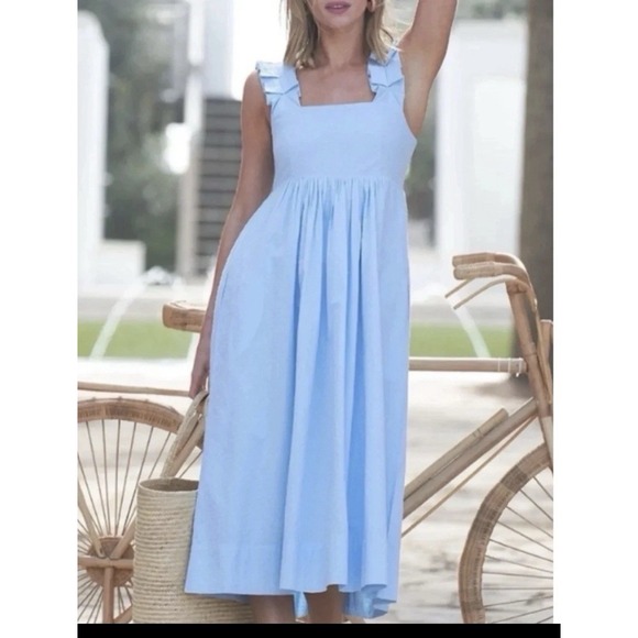 LAKE Dresses & Skirts - Lake‎ Lolly Midi Dress Morning Blue Swiss Dot Size L Pockets Ruffled Straps NEW